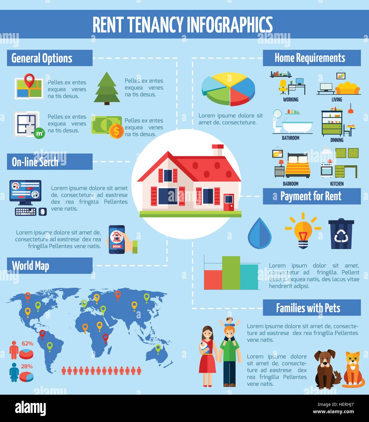 Affitto e locazione infographics. Affitto e locazione set infographics con simboli di proprietà e grafici illustrazione vettoriale Illustrazione Vettoriale