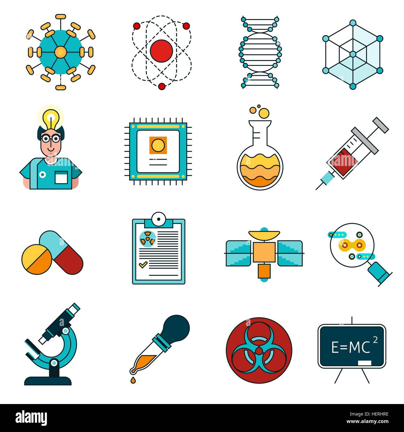 La scienza le icone della linea Set . Scienza linea di set di icone con idea e sperimentare i simboli isolati piatta illustrazione vettoriale Illustrazione Vettoriale