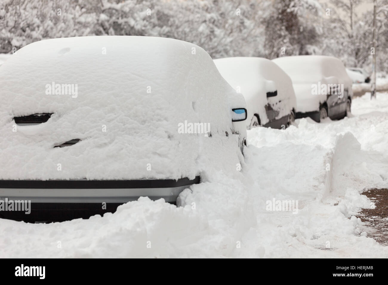 Auto parcheggiate in strada sepolta sotto la neve Foto Stock