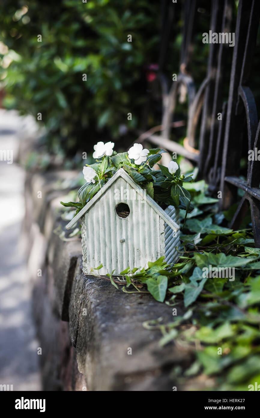 Legno piantatrice Birdhouse in un giardino Foto Stock