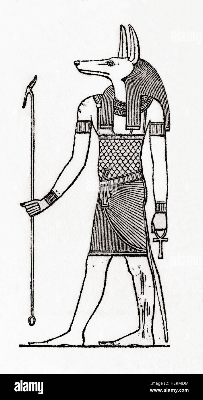 Anubi, il dio egiziano di cimiteri e di imbalsamazione. Da Meyers lessico, pubblicato 1924. Foto Stock