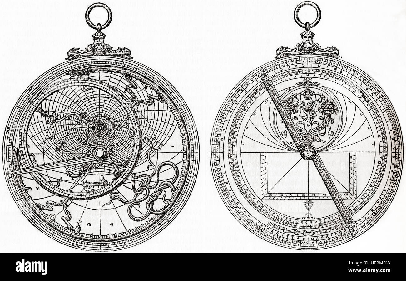 Un astrolabio, un inclinometro, storicamente usato dagli astronomi e navigatori per misurare la posizione inclinata nel cielo di un corpo celeste. Da Meyers lessico, pubblicato 1924. Foto Stock