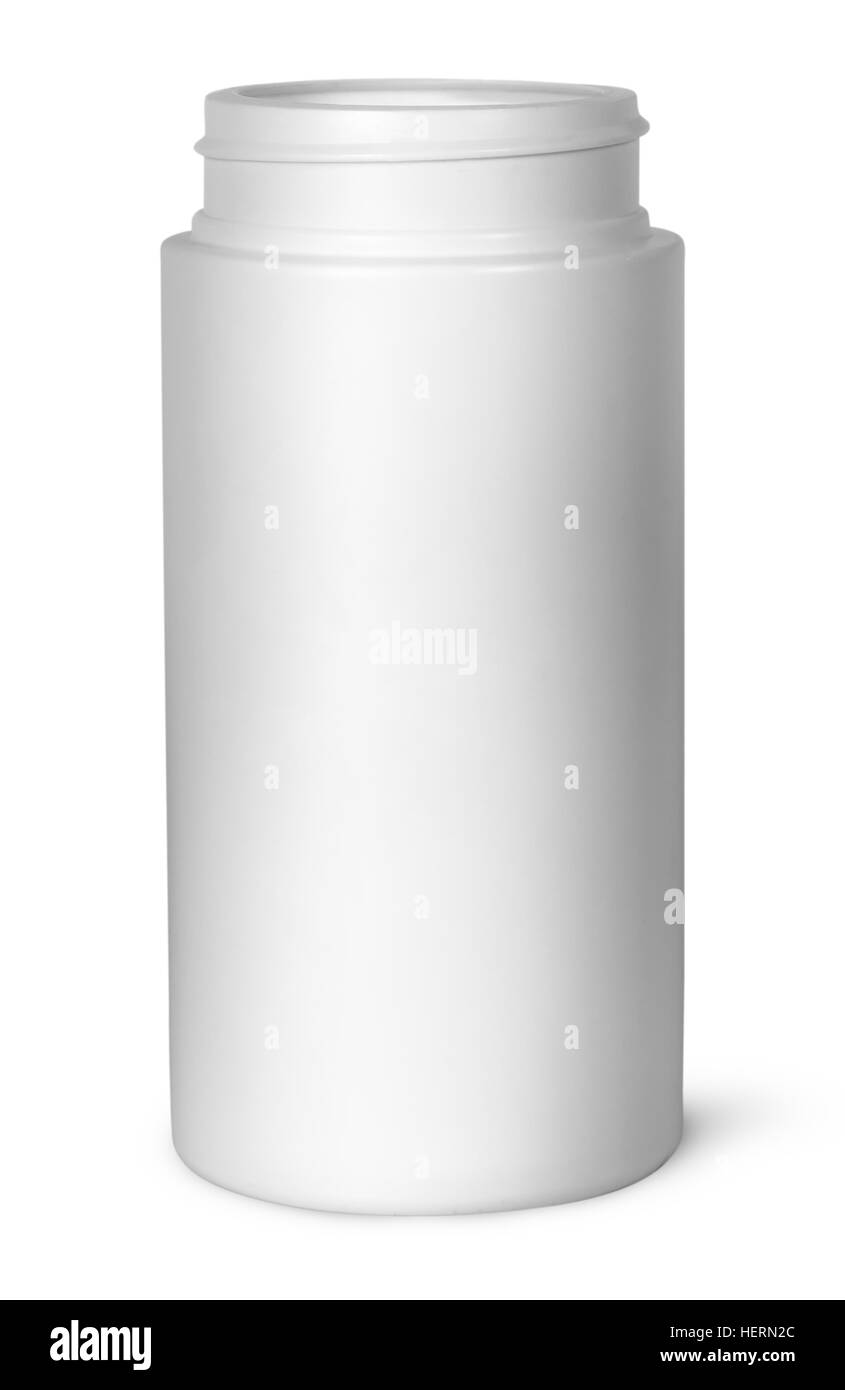Bottiglia di plastica bianca per le vitamine senza coperchio isolato su sfondo bianco Foto Stock