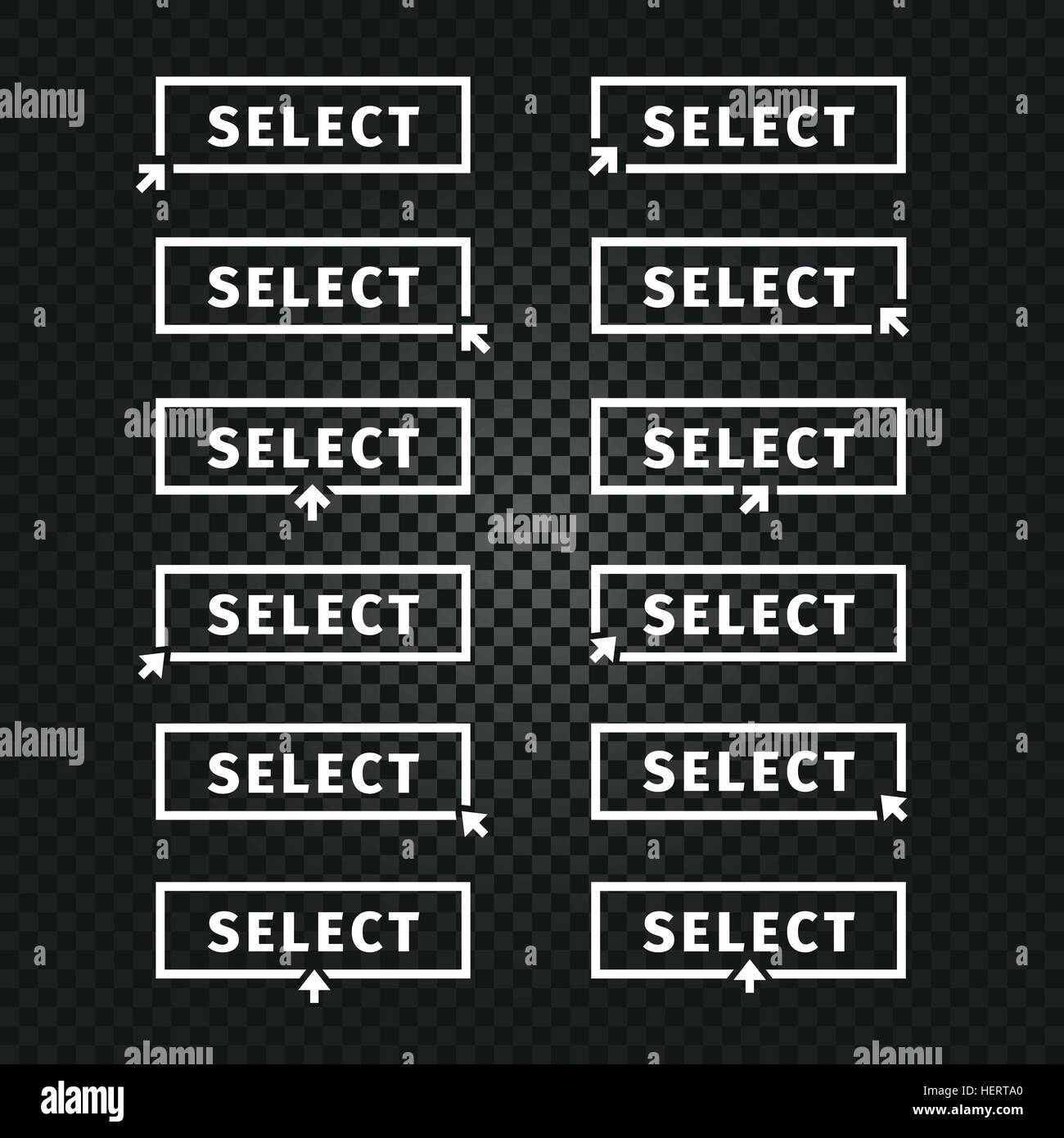 Isolato parola bianco selezionare nel frame su sfondo nero logo collection. Elemento del sito web con il tasto cursore logotipo set. Tasto di scelta icona. Timbro insolita illustrazione vettoriale. Illustrazione Vettoriale