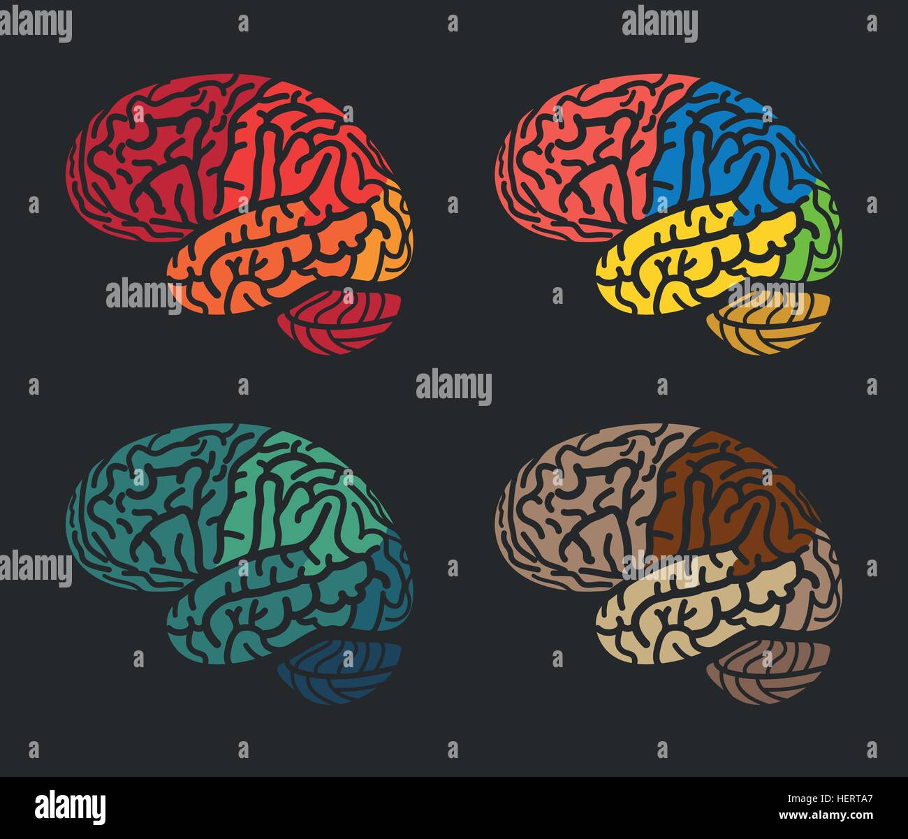 Isolato astratta cervello colorato logo collection. Human emisferi cerebrali su sfondo nero logotipo set. Illustrazione Vettoriale