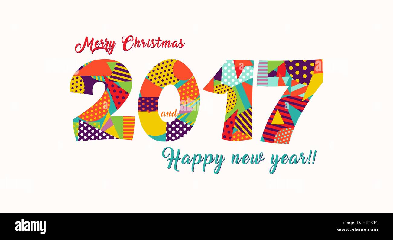 Felice Anno Nuovo 2017 greeting card design, preventivo di vacanza con divertimento colori vibranti realizzati in forme geometriche. EPS10 vettore. Illustrazione Vettoriale
