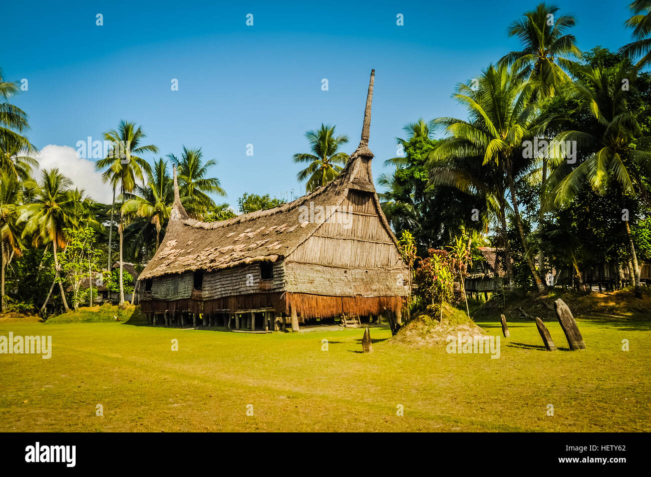 Grande casa fatta di paglia e legno circondato da palme sulla giornata di sole in Palembe, fiume Sepik in Papua Nuova Guinea. In questa regione si possono soddisfare solo peo Foto Stock