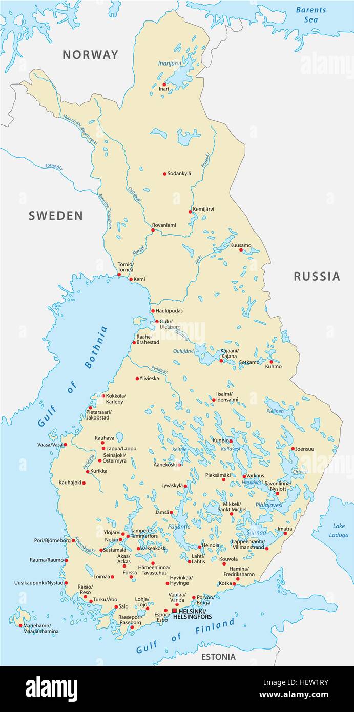 Finlandia mappa città in finlandese e la lingua svedese Illustrazione Vettoriale