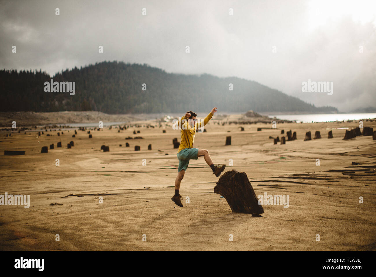 Giovane uomo saltando su legno, Huntington Lake, CALIFORNIA, STATI UNITI D'AMERICA Foto Stock