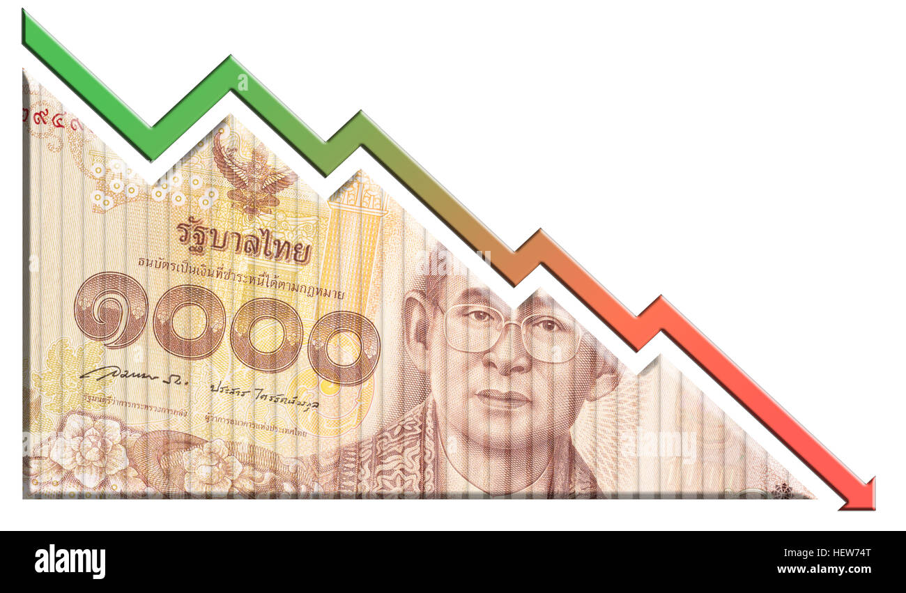 Un denaro bill guardando come un grafico in calo con una freccia rivolta verso il basso che simboleggiano le relazioni economiche. Foto Stock