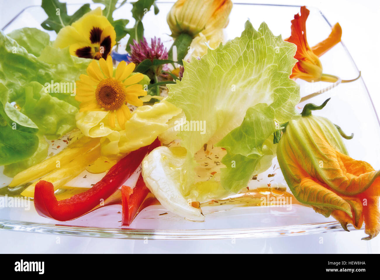 Insalata di fiori commestibili compresi pansy, nasturtium, zucchine, fiore  giallo, camomilla fiori di borragine, rucola, peperoni tagliati a fette  Foto stock - Alamy