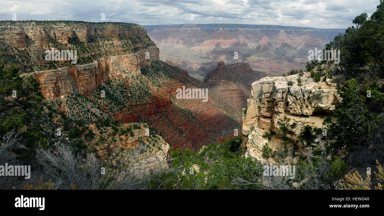 Combinazioni uniche di colore geologico e forme di erosione decorare un canyon che è di 277 miglia di fiume (446km) lungo, fino a 18 miglia (29km) ampia e un miglio (1.6km) profondo. Grand Canyon sommerge i nostri sensi attraverso le sue immense dimensioni Foto Stock