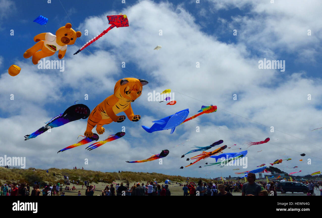 Aquiloni di tutte le forme e le dimensioni e i colori sono battenti su una spiaggia di Christchurch per celebrare le strade Kite la giornata di oggi. Nel suo decimo anno, kite volantini sono provenienti da tutto il mondo a partecipare. Foto Stock