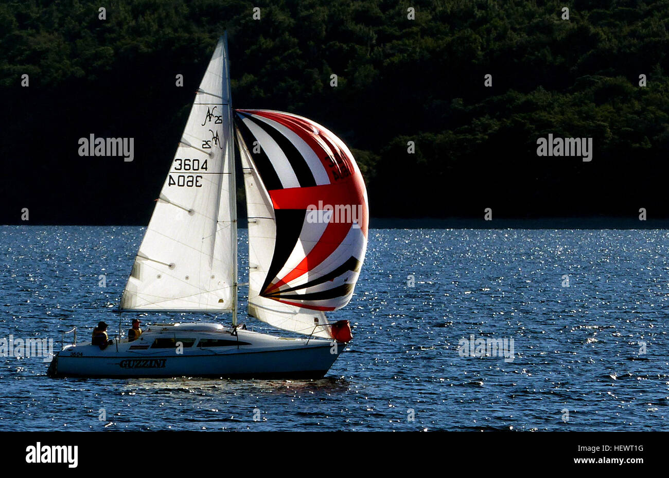 Un spinnaker è un tipo speciale di vela che è progettato specificamente per la vela fuori dal vento dal raggiungimento di un corso per un sottovento, cioè con il vento 90°-180° off prua. La spinnaker si riempie con il vento e palloncini fuori nella parte anteriore della barca quando è dispiegata, chiamato battenti. Essa è realizzata in leggero tessuto di nylon di solito ed è spesso brillantemente colorato. Esso può essere ottimizzato per un particolare intervallo di angoli di vento, o come un raggiungimento o una esecuzione di spinnaker, dalla sagomatura dei pannelli e cuciture. Alcuni tipi di spinnaker può essere portato dal lato della barca, ma ancora nella parte anteriore del montante. Foto Stock