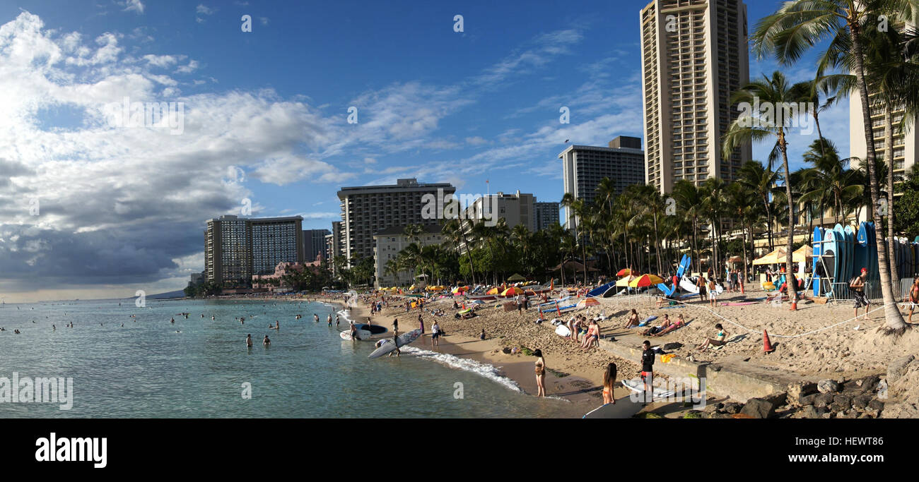 Waikiki è il più famoso per le sue spiagge e ogni camera è solo due o tre isolati di distanza dal mare. Con Leahi (Diamond Head) come sfondo, le acque calme di Waikiki sono perfetti per una lezione di surf. Infatti, leggendario waterman hawaiano Duke Kahanamoku crebbe il Surf le onde di Waikiki. Questa medaglia d'oro olimpica nel nuoto effettivamente insegnata ai visitatori come navigare al volgere del secolo e fu conosciuto come "il padre della moderna surfing". Oggi, il Waikiki Beach Boys perpetuare Duke's legacy da insegnare ai visitatori come per il surf e la canoa e il Duke Kahanamoku statua è diventata un i Foto Stock