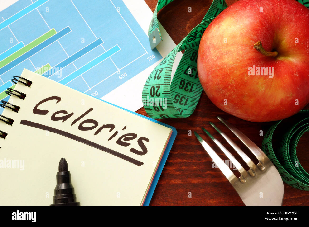Calorie scritto in un diario. Il conteggio delle calorie concetto. Foto Stock