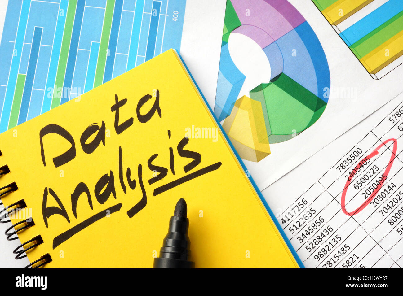 Analisi dei dati scritti in una nota e grafici finanziari. Foto Stock