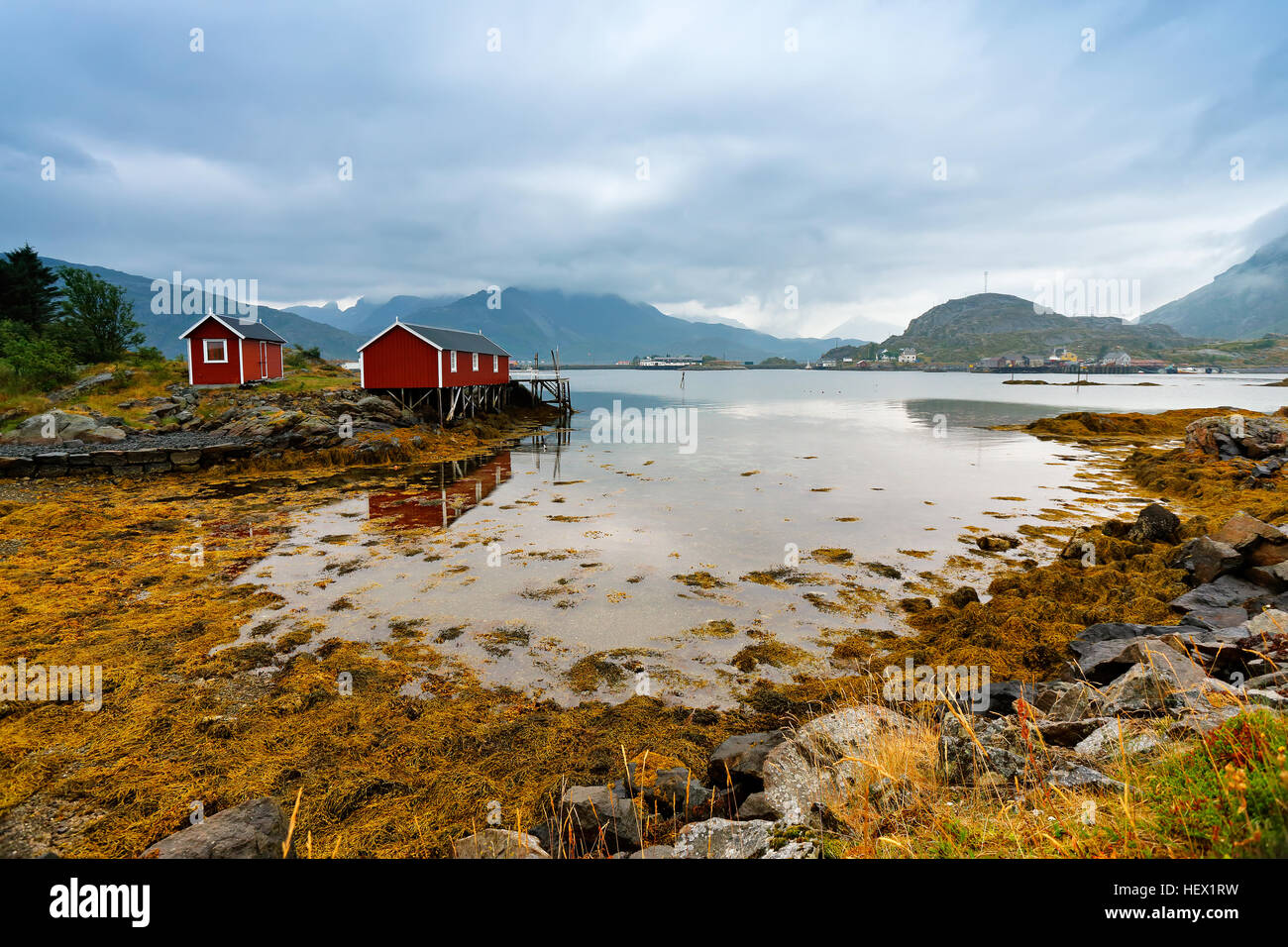 Baita norvegese rorbu sulla costa della baia. Nordic Nuvoloso Giorno d'estate. Lofoten in Norvegia Isole. Foto Stock