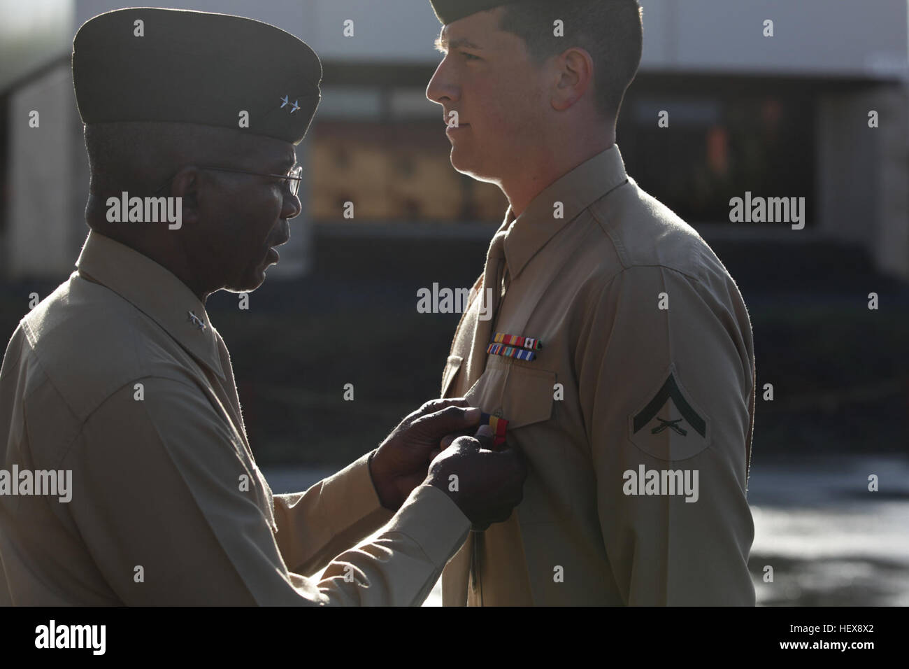 Principali Gen. Ronald Bailey, comandante generale della prima divisione Marine, perni marina e Marine Corps Medal su Lancia Cpl. Benjamin Nalls, un incendio team leader con 1 luce corazzato battaglione di ricognizione, qui, Marzo 8, 2013. Nalls ha ricevuto la medaglia per salvare la vita di Sgt. Erick Gutierrez, un leader di squadra con 1° LAR, durante una pattuglia nella provincia di Helmand, Afghanistan. Nalls cadde in un nove piedi di profondo, 15-piede-wide canal, ed è stata trattata per ipotermia quando ha appreso che Gutierrez caduto pure nel canale. Egli immediatamente saltato indietro nell'acqua frigida e trascinata per Gutierrez Foto Stock