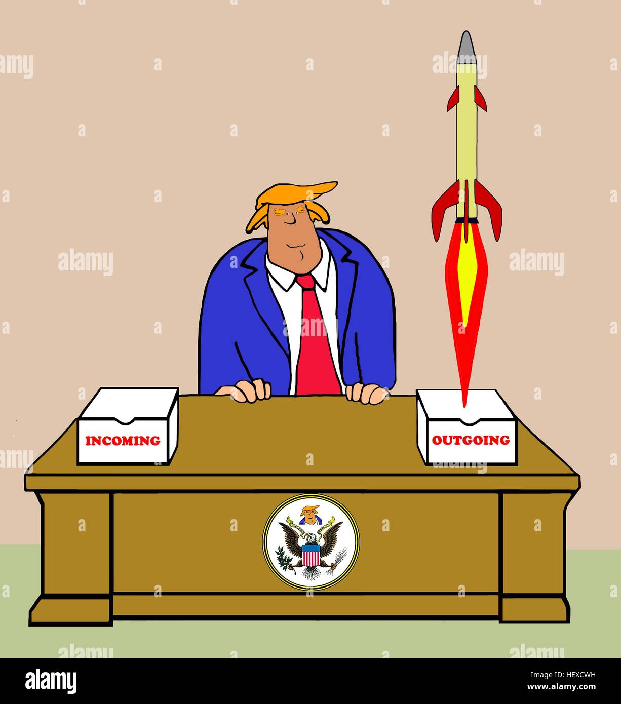 Cartoon politico che mostra Donald Trump all Ufficio Ovale come un missile spara fuori in uscita la sua casella di posta elettronica. Foto Stock