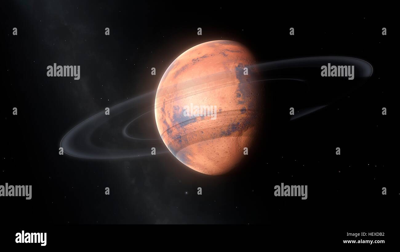 Phobos, la parte interna del satellite di Marte, è sicuro. Esso orbita così vicino al suo Pianeta Madre che un giorno, gli scienziati prevedono, forze di marea sulla piccola luna inizierà a rip apart. Lo strato più esterno sarà probabilmente strippati via prima, creando un anello di polvere in un tempo molto breve scala un mese o anche meno. La luna potrebbe durare per decine di milioni di anni prima che essa eventualmente frammenti, bit per bit e accretes sulla superficie di Marte. Ma questo non accadrà nel corso della nostra vita e probabilmente non per 20 a 40 milioni di euro in più anni. Foto Stock