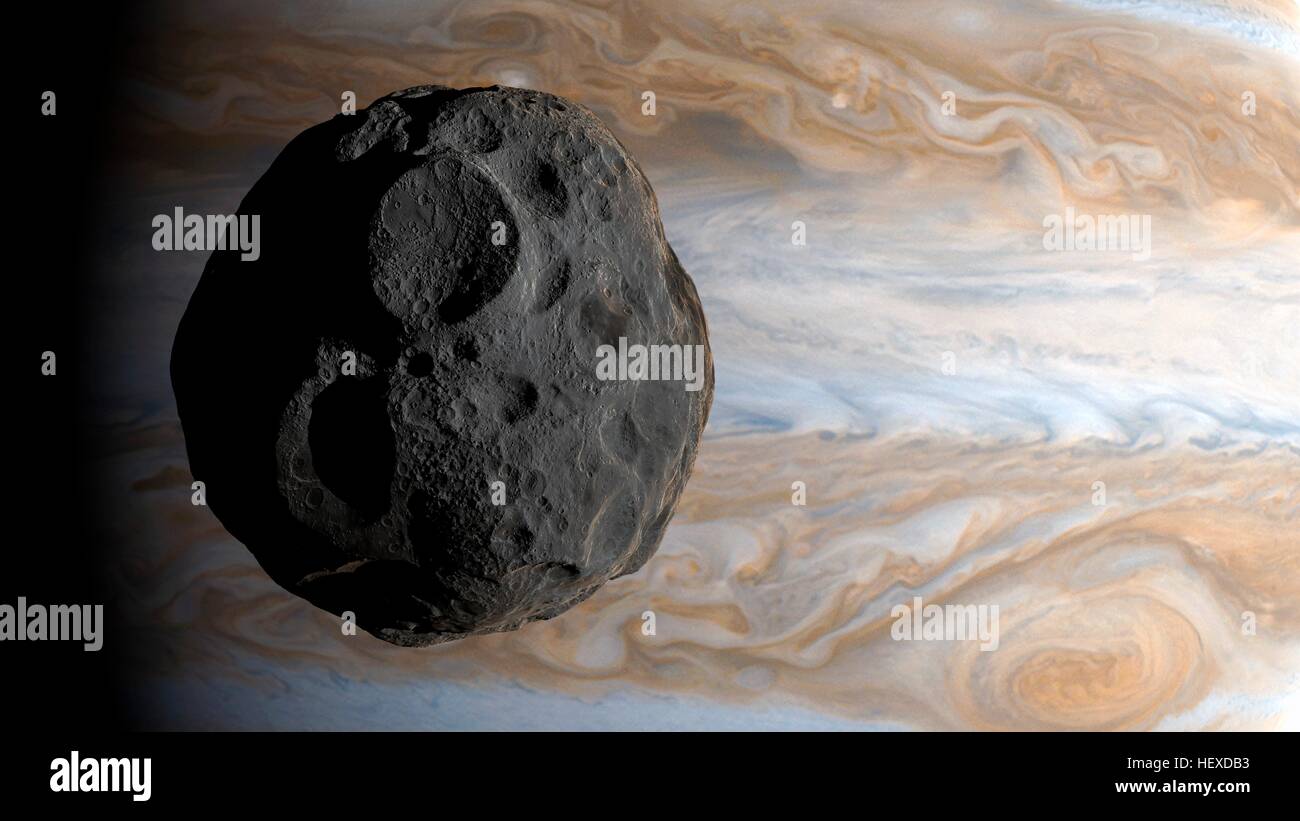 Amalthea è una luna di Giove, il terzo più vicino al pianeta a 181365 km (circa 2.6 Giove raggi dal centro del pianeta). A soli 250 km attraverso nel suo punto più largo è la sua forma non sferica. Amalthea è piccolo, è probabile che un asteroide catturato. Foto Stock