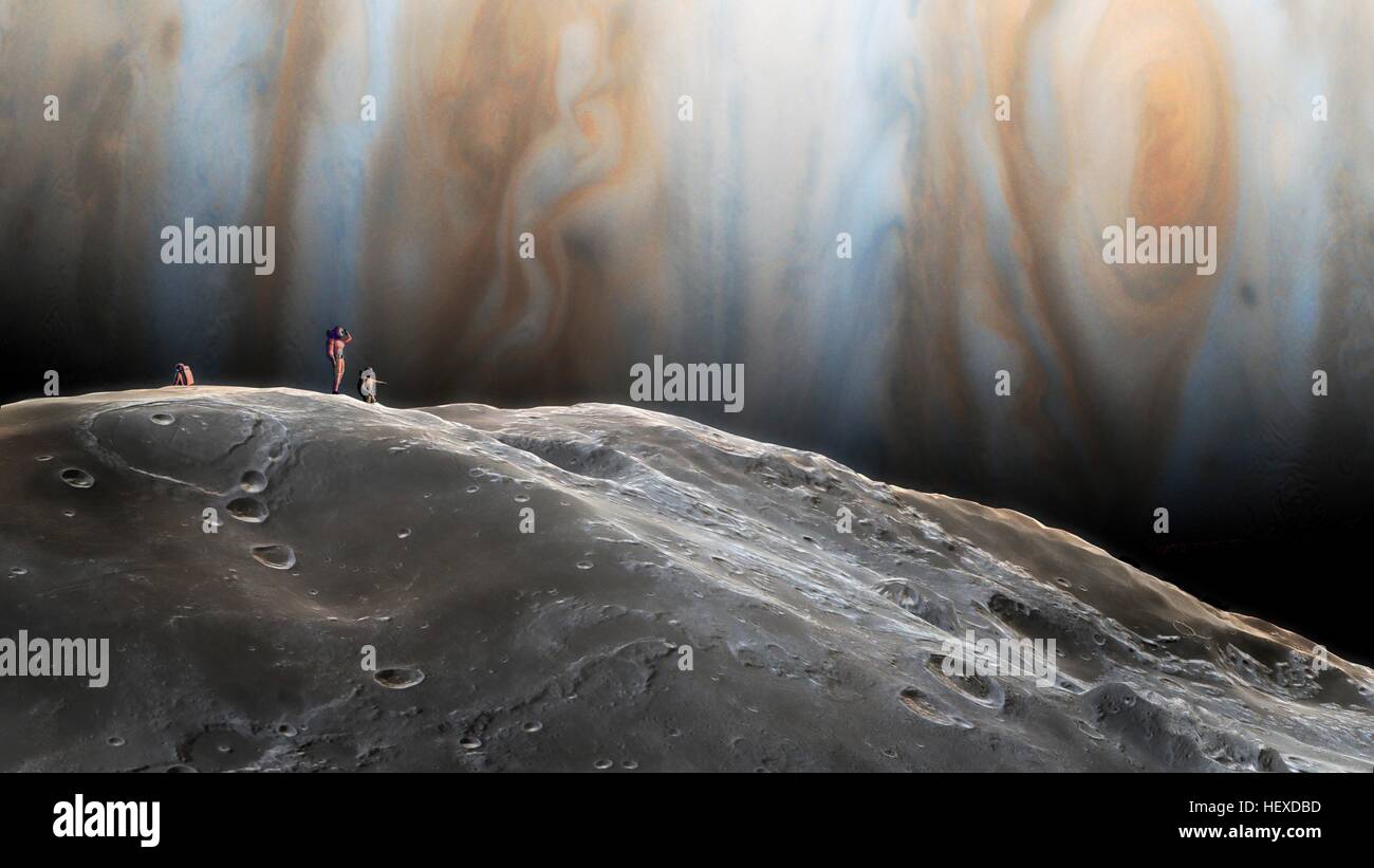 Amalthea è una luna di Giove, il terzo più vicino al pianeta a 181365 km (circa 2.6 Giove raggi dal centro del pianeta). A soli 250 km attraverso nel suo punto più largo è la sua forma non sferica - Amalthea è piccolo, è probabile che un asteroide catturato. Questa immagine raffigura un potenziale esplorazione parte sulla superficie di Amalthea. Da lì il globo di Giove si estende un incredibile 46 i gradi di arco attraverso il cielo. Foto Stock