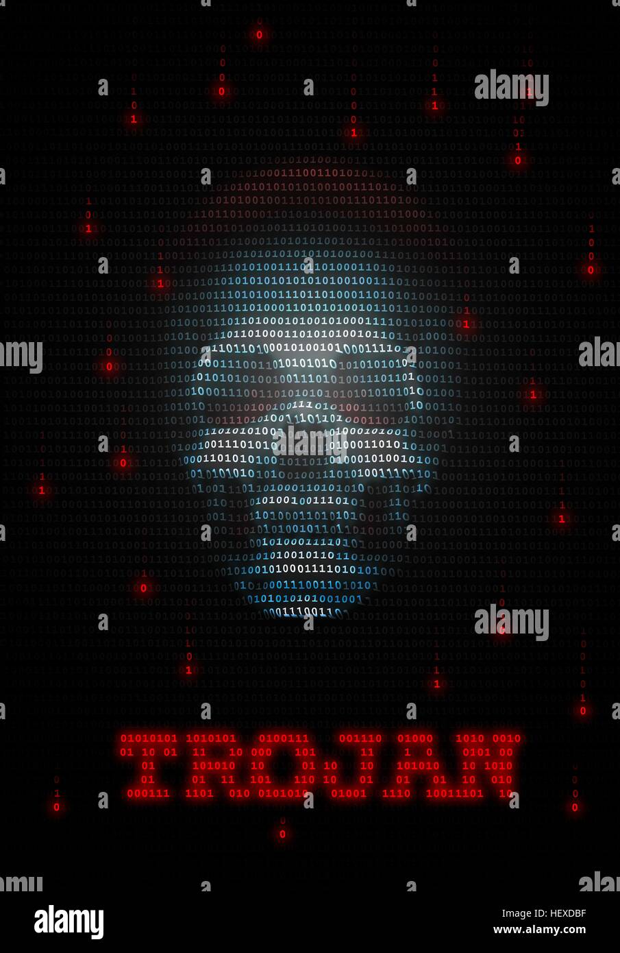 Computer virus, immagine concettuale. I virus informatici sono programmi per computer che è in grado di eseguire istruzioni dannose e copia di se stessi per altri computer. In questa immagine di un teschio rappresenta un digital virus o trojan su un computer. I dintorni sono i numeri uno e zero del codice binario. Foto Stock