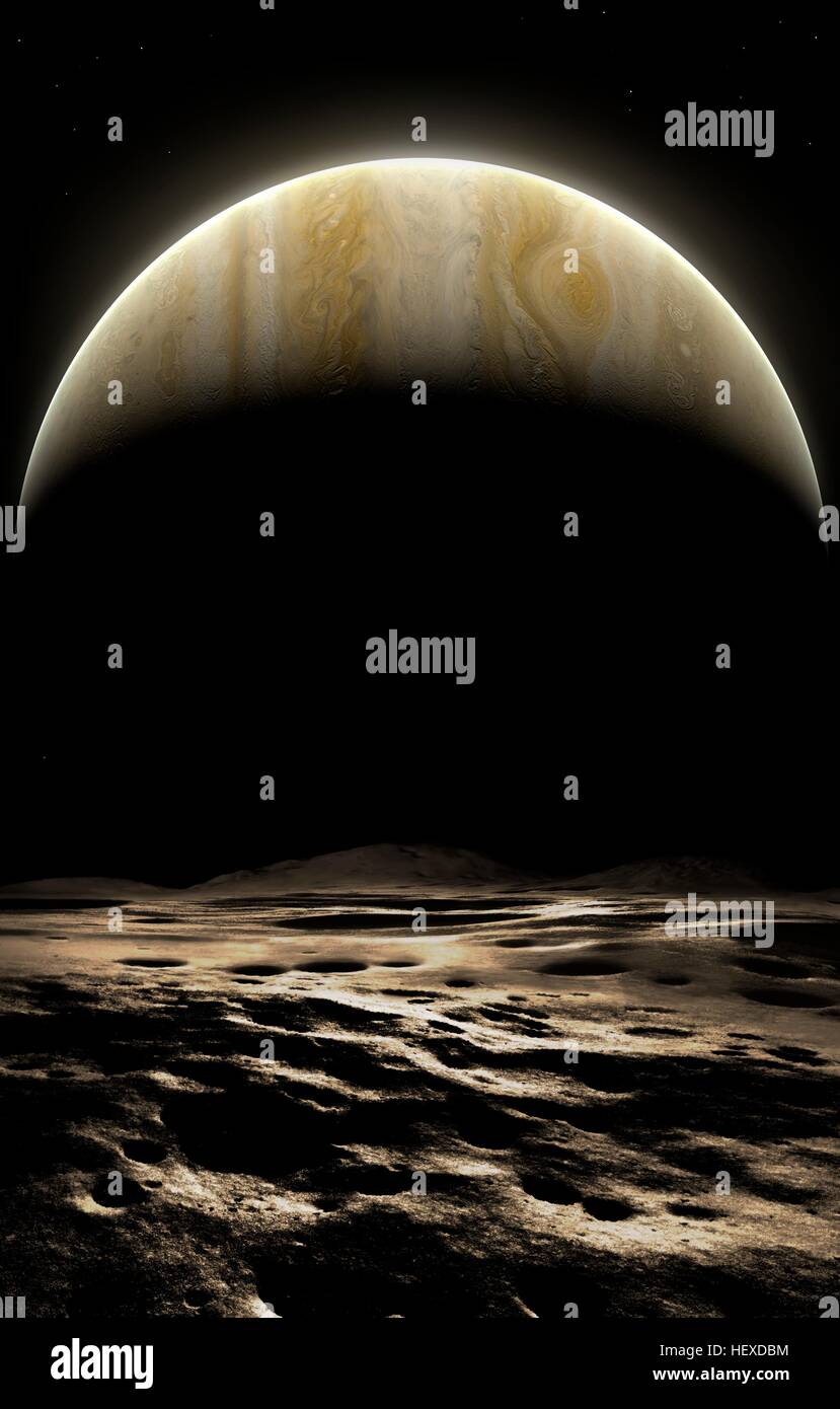 Amalthea è una luna di Giove, il terzo più vicino al pianeta a 181365 km (circa 2.6 Giove raggi dal centro del pianeta). A soli 250 km attraverso nel suo punto più largo è la sua forma non sferica - Amalthea è piccolo, è probabile che un asteroide catturato. Da qui il mondo di Giove si estende un incredibile 46 i gradi di arco attraverso il cielo. Foto Stock