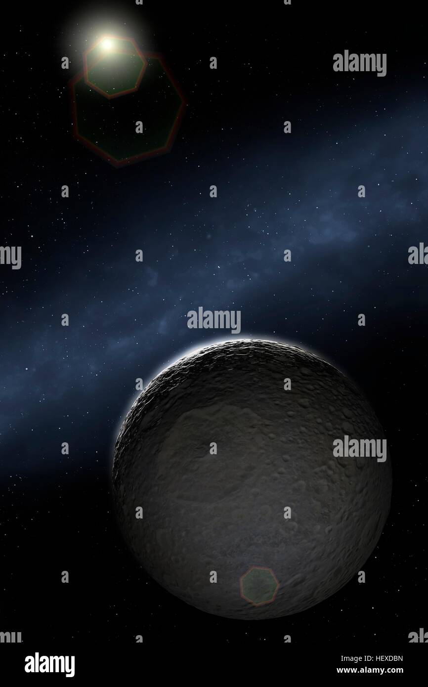 Illustrazione di Mimas. Questo è l'emisfero leader del più piccolo di Saturno lune principali, Mimas. Con un diametro di 396 chilometri è solo grande abbastanza per formare una forma sferica sotto il proprio peso. Esso è principalmente composta di ghiaccio d'acqua e è fortemente cratered. La grande morte stella cratere è chiamato Herschel, dopo la luna di scopritore. Foto Stock