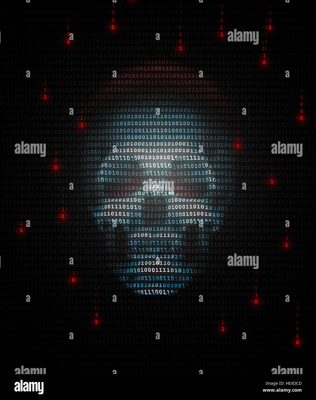 Computer virus, immagine concettuale. I virus informatici sono programmi per computer che è in grado di eseguire istruzioni dannose e copia di se stessi per altri computer. In questa immagine di un teschio rappresenta un digital virus o trojan su un computer. I dintorni sono i numeri uno e zero del codice binario. Foto Stock