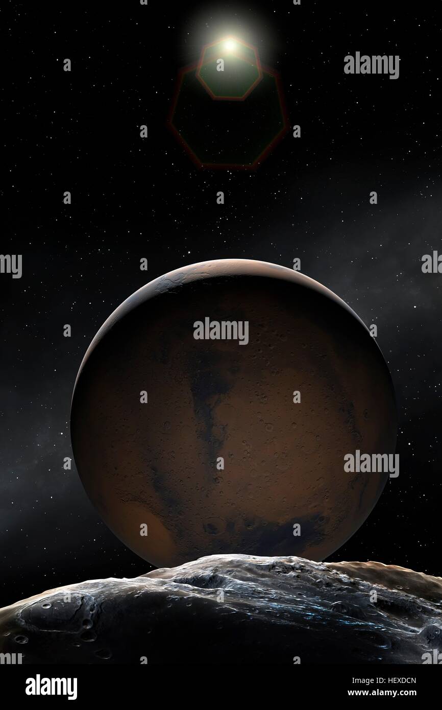 Un impressione del pianeta rosso, Marte, il secondo più piccolo pianeta del sistema solare (dopo il mercurio). La sua luna ultraperiferiche, Deimos è visto in primo piano. Foto Stock
