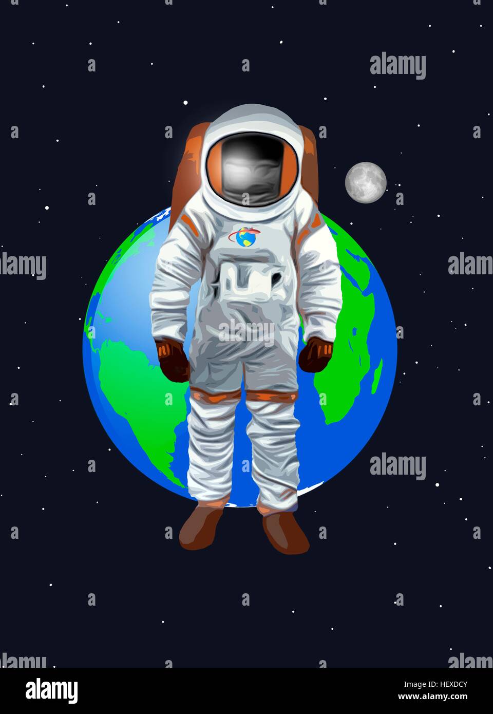 Illustrazione di un uomo nello spazio o astronauta, adatto per i bambini della pubblicazione. L'astronauta è in piedi di fronte a Via Lattea. Foto Stock