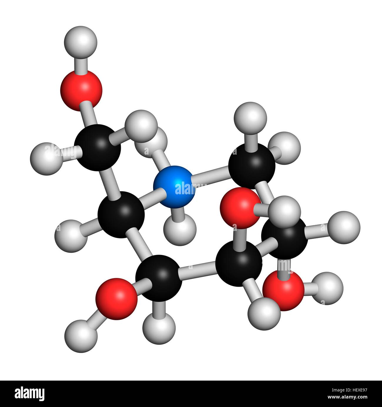 Migalastat malattia di Fabry molecola di farmaco, illustrazione del computer. Gli atomi sono rappresentati come sfere con i tradizionali colori: idrogeno (bianco), carbonio (nero), Azoto (blu), Ossigeno (rosso). Foto Stock