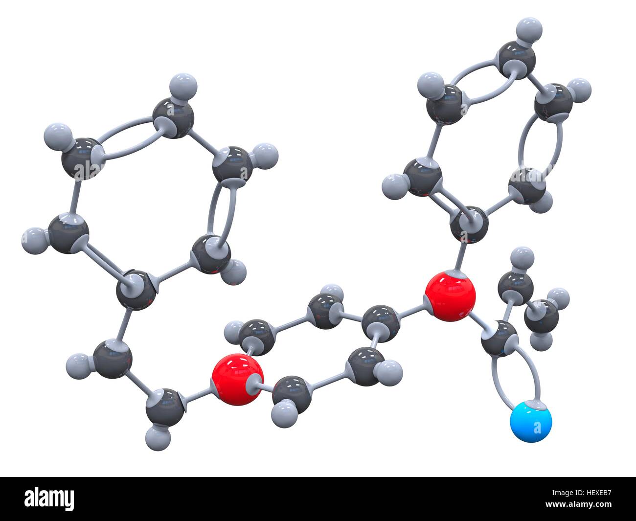 Il fentanil. Il modello molecolare del farmaco fentanil (C22.H28.N2.O), un sintetico analgesico narcotico utilizzato per la sua rapida insorgenza e breve durata di azione. È usato come un anestetico generale e per le cure palliative. Gli atomi sono rappresentati da sfere e sono codificati a colori: carbonio (grigio), Idrogeno (bianco), Azoto (blu) e ossigeno (rosso). Foto Stock