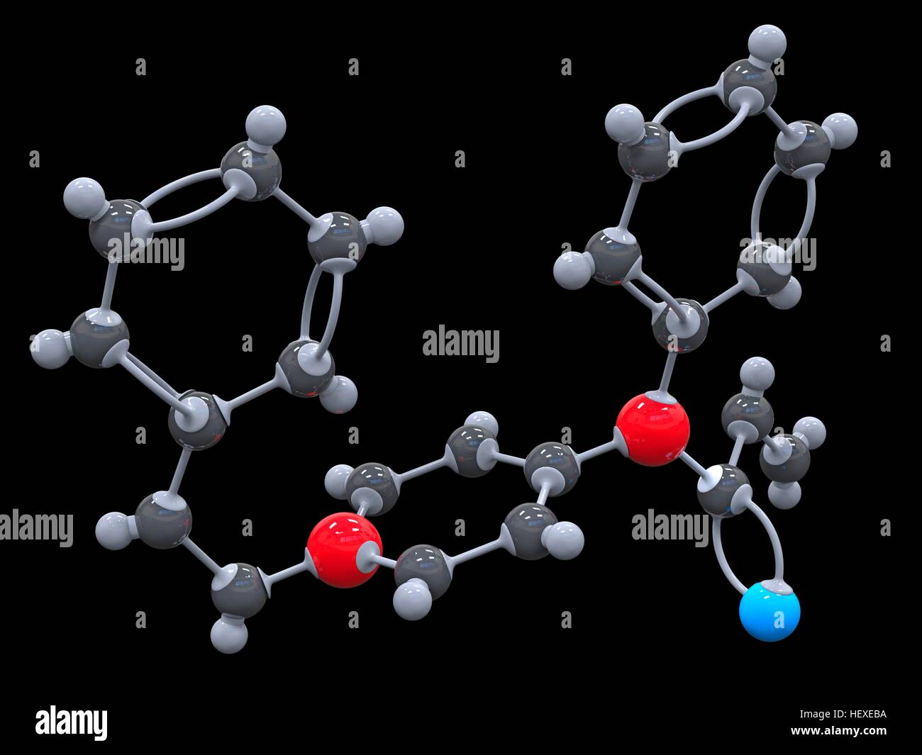 Il fentanil. Il modello molecolare del farmaco fentanil (C22.H28.N2.O), un sintetico analgesico narcotico utilizzato per la sua rapida insorgenza e breve durata di azione. È usato come un anestetico generale e per le cure palliative. Gli atomi sono rappresentati da sfere e sono codificati a colori: carbonio (grigio), Idrogeno (bianco), Azoto (blu) e ossigeno (rosso). Foto Stock