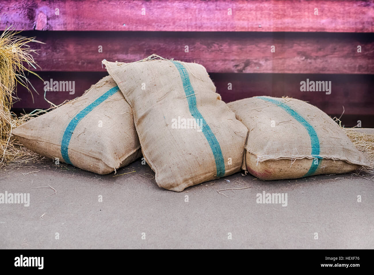 La canapa i sacchi contenenti il riso Foto Stock