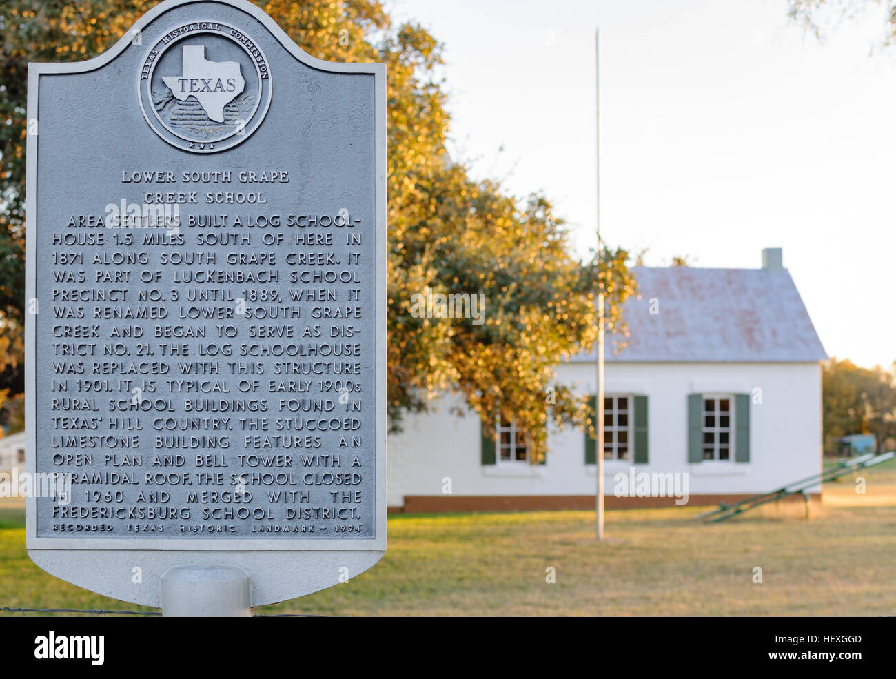 Marcatore di storico per abbassare il Sud uva Creek Scuola, Fredericksburg, Texas, Stati Uniti d'America Foto Stock