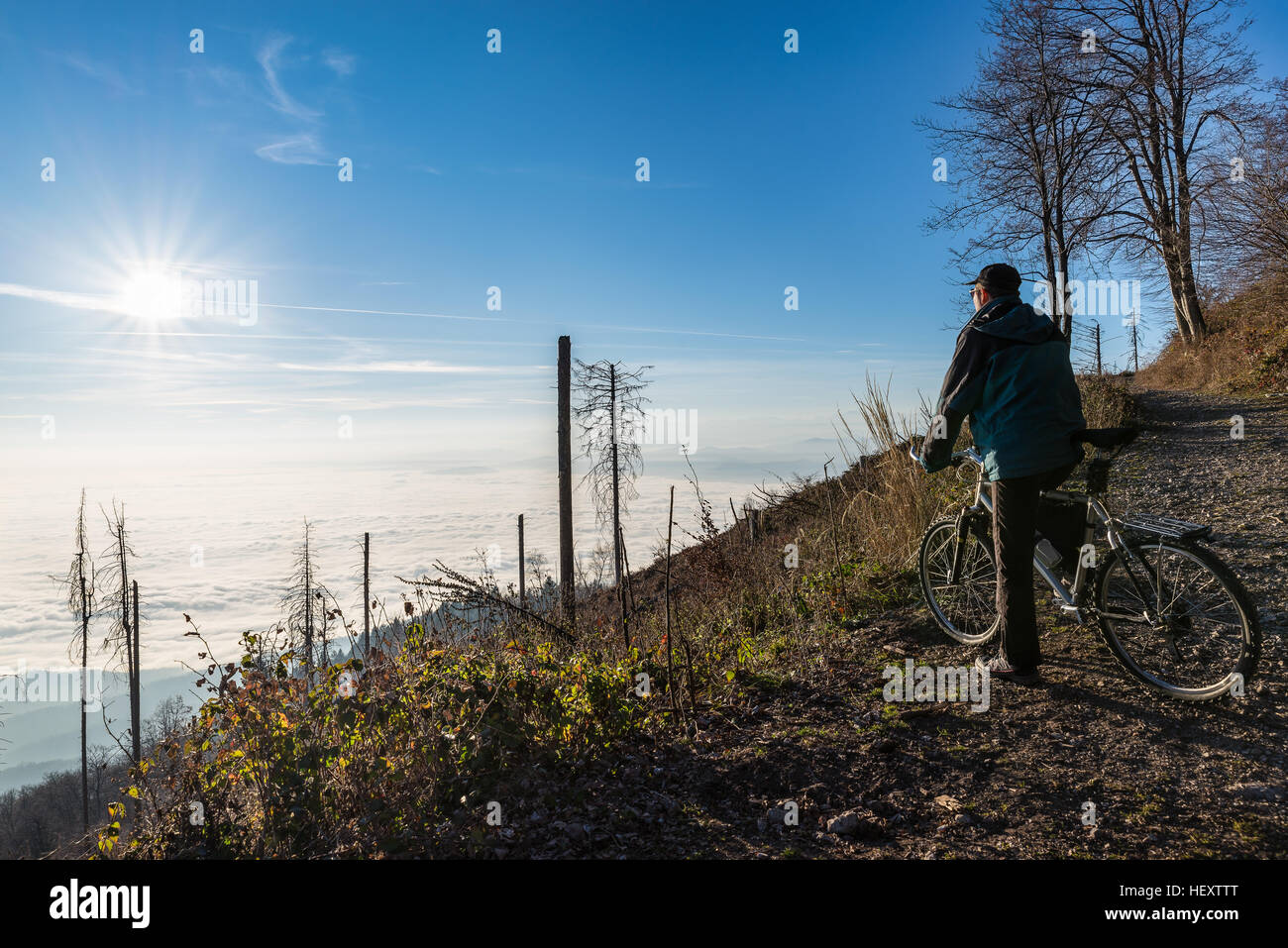 Biker con mountain bike, sul tracciato sterrato in alta montagna, guardando il sole che splende sopra un mare di nuvole basse, Italia Foto Stock