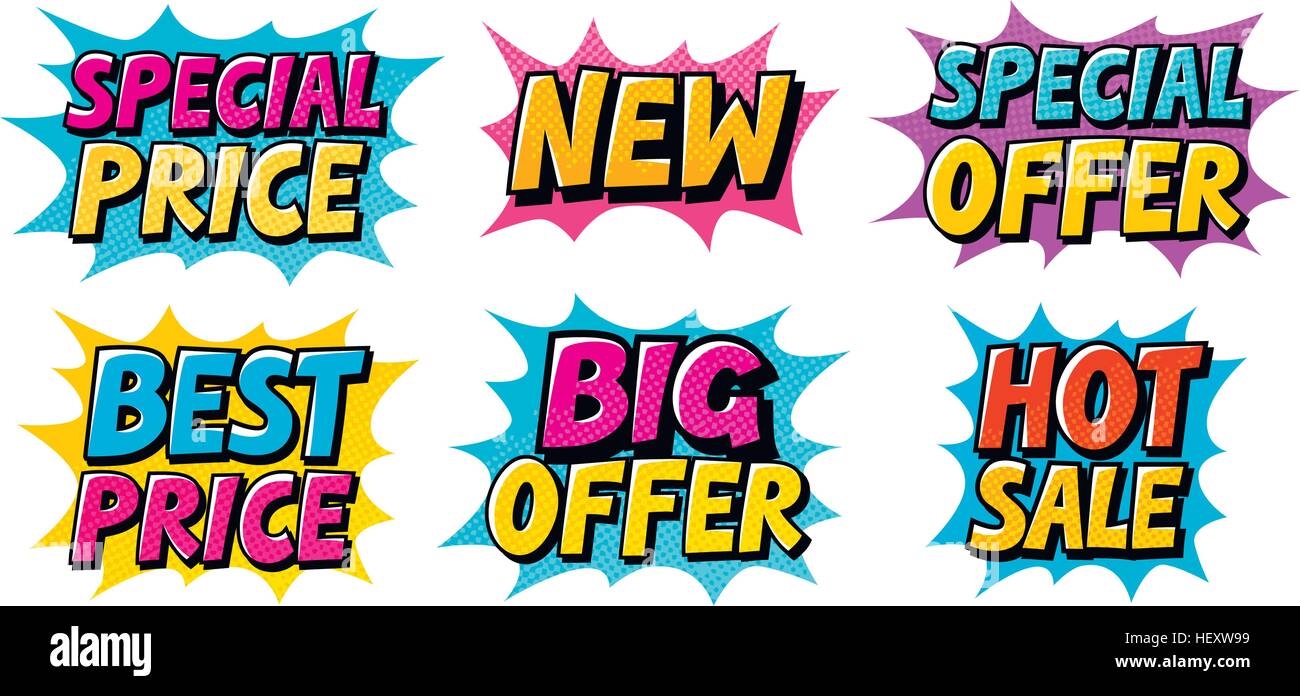 Vendita impostare le icone. Testo fumetto pop art vettore di stile Illustrazione Vettoriale