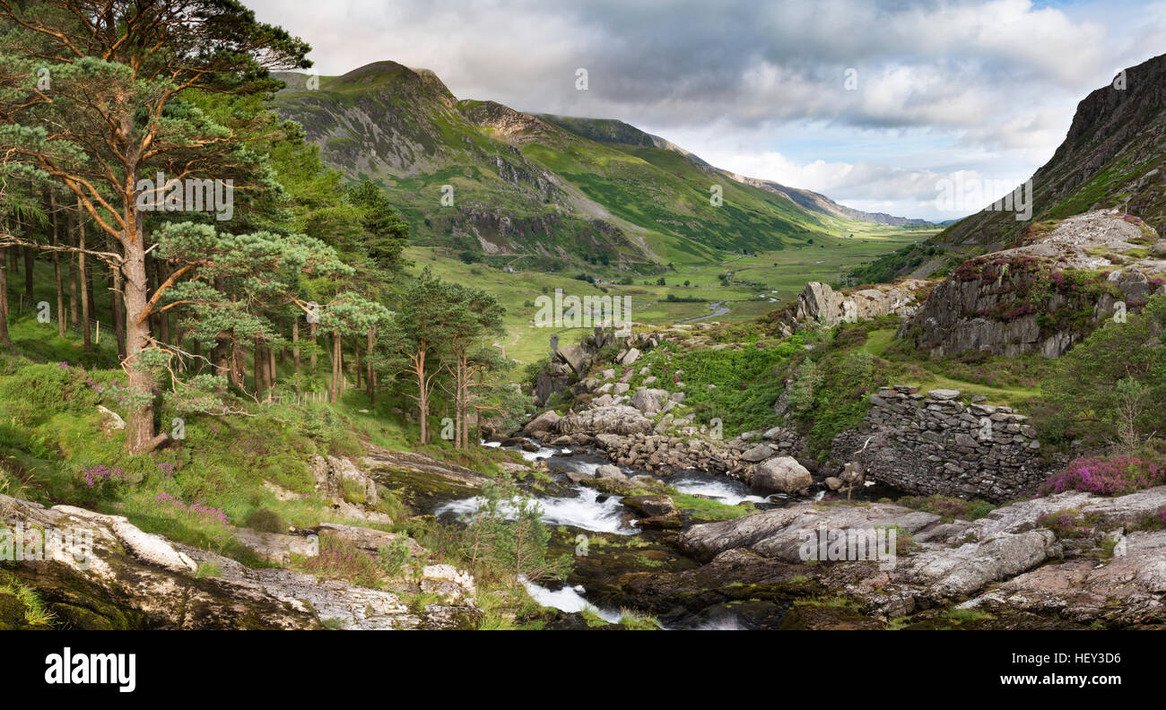 Una cascata lungo Nant Ogwen a pont pen-y-benglog scorre la valle Ogwen, Snowdonia. Foto Stock