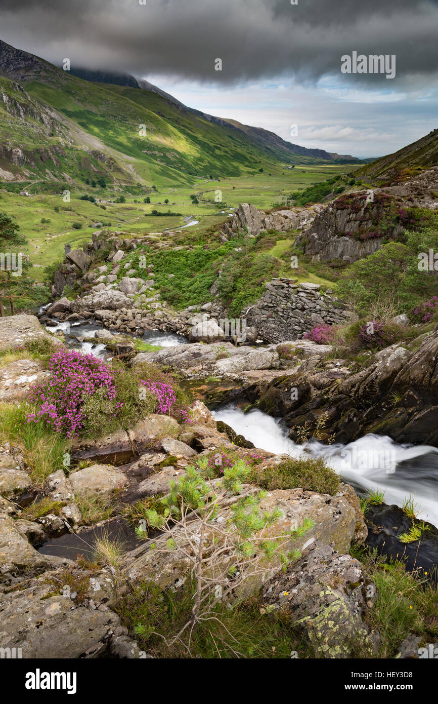 Una cascata lungo Nant Ogwen a pont pen-y-benglog scorre la valle Ogwen, Snowdonia. Foto Stock