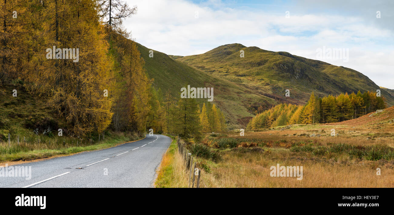 Un scozzese strada curva tra alberi d'Autunno lungo un Glen. Foto Stock