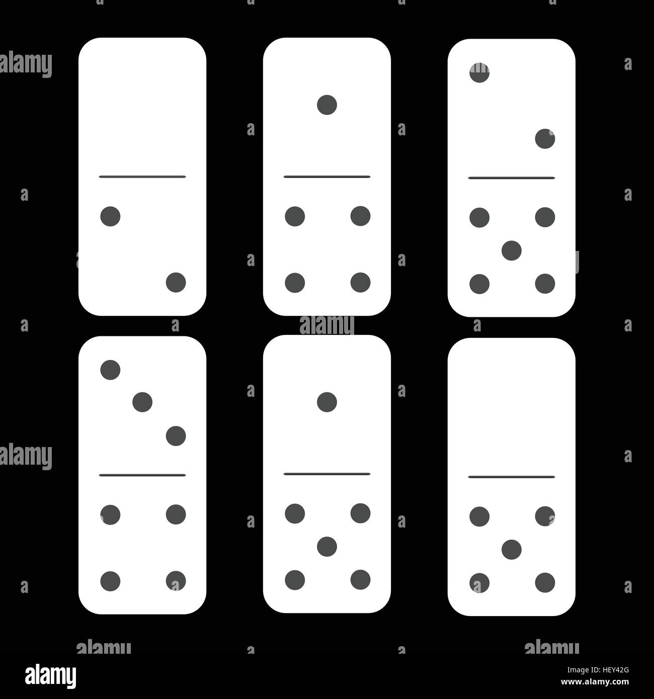 Domino bianco. zero e due e sei pezzi su uno sfondo nero. utilizzato per lo sviluppo web, stampa, decorazioni, ornamenti. Illustrazione Vettoriale