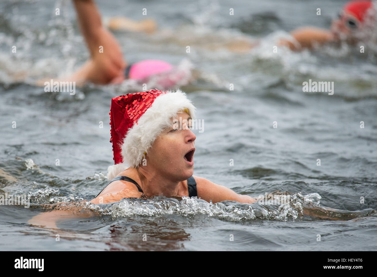 Membri della serpentina del club di nuoto prendere parte alla Peter Pan Cup gara che si svolge ogni giorno di Natale a serpentina, in centro a Londra. Foto Stock