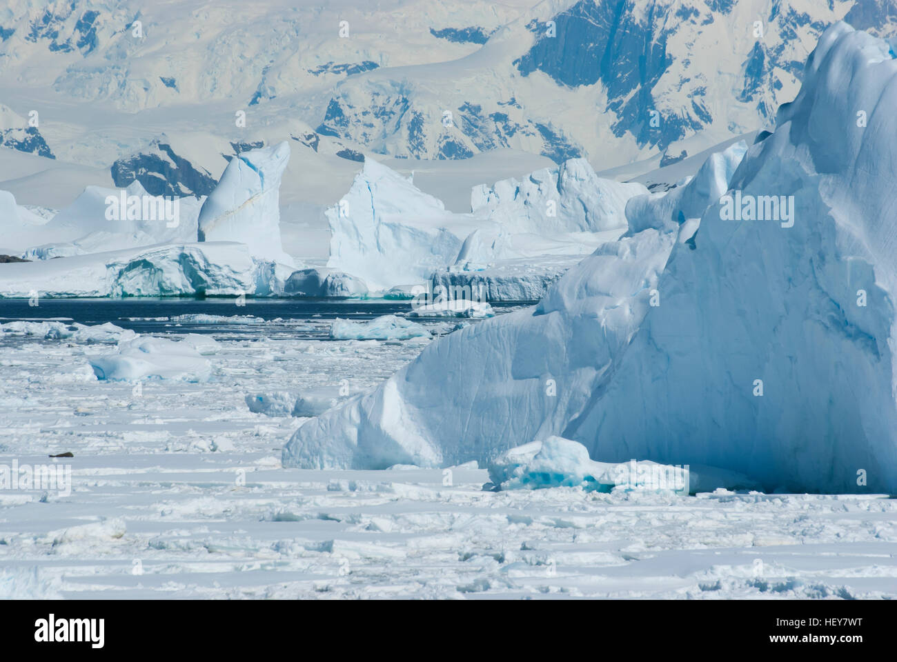 Iceberg e il ghiaccio nello Stretto vicino alla costa occidentale della Penisola Antartica Foto Stock