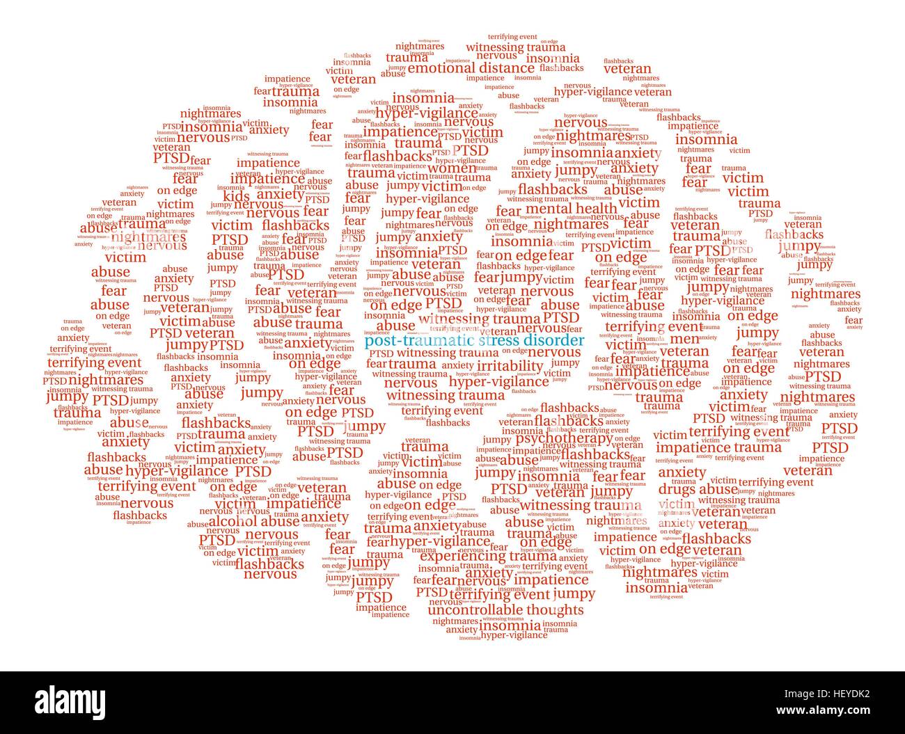 Post-Traumatic Stress Disorder cervello parola Cloud su uno sfondo bianco. Illustrazione Vettoriale
