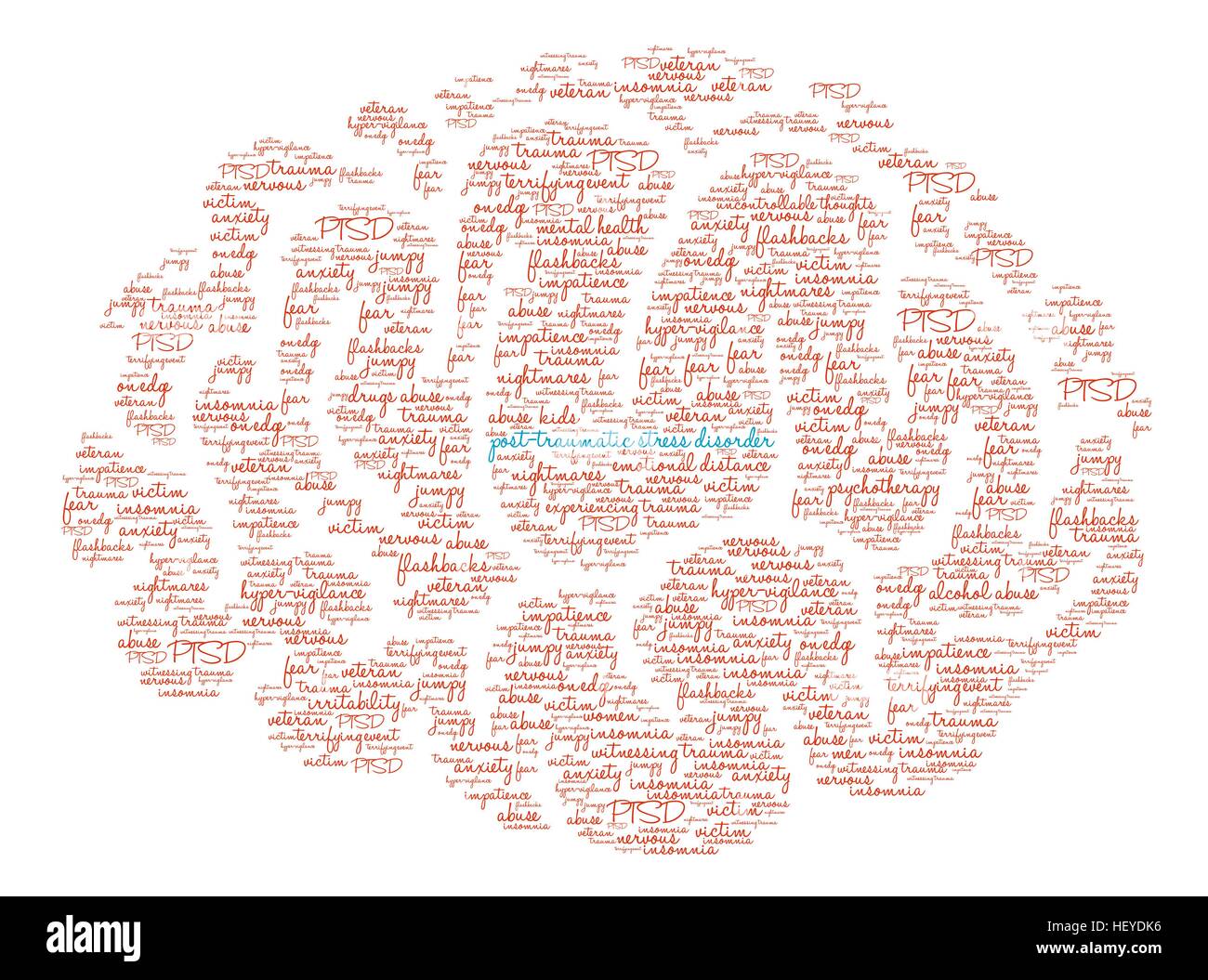 Post-Traumatic Stress Disorder cervello parola Cloud su uno sfondo bianco. Illustrazione Vettoriale