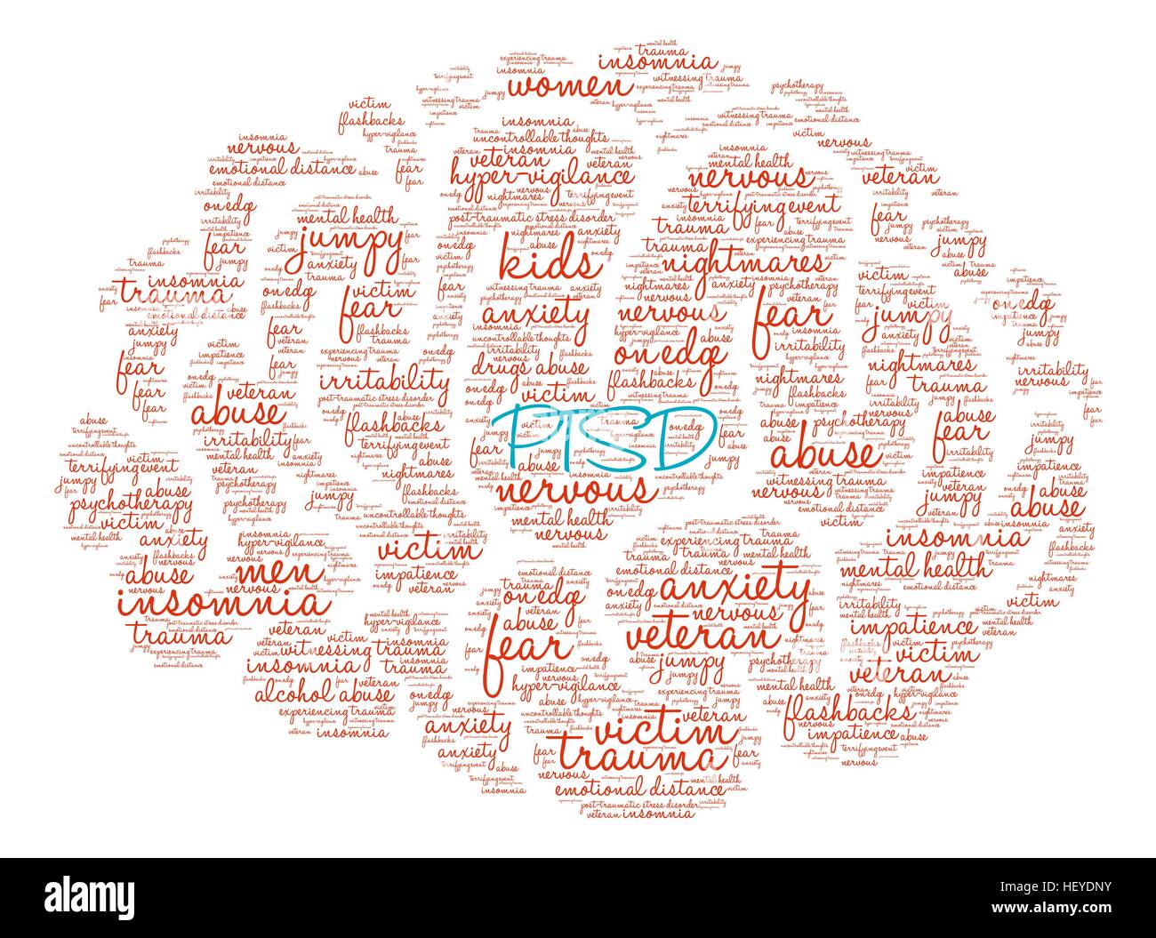 PTSD cervello parola Cloud su uno sfondo bianco. Illustrazione Vettoriale