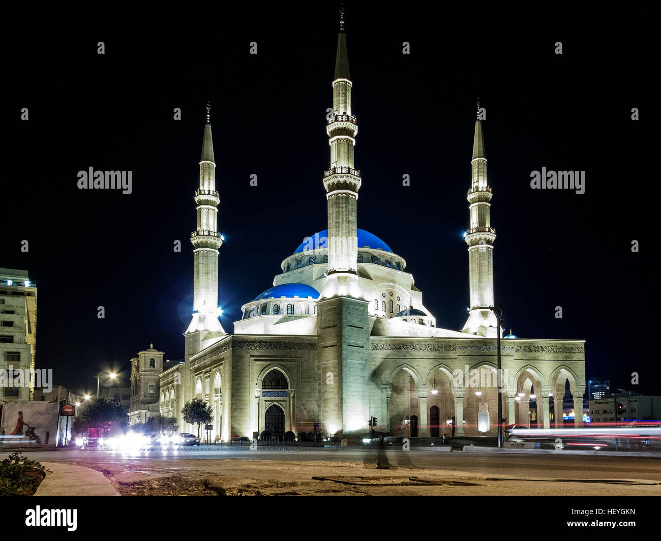 Mohammad Al Amin Mosque punto di riferimento nel centro della città di Beirut Libano di notte Foto Stock